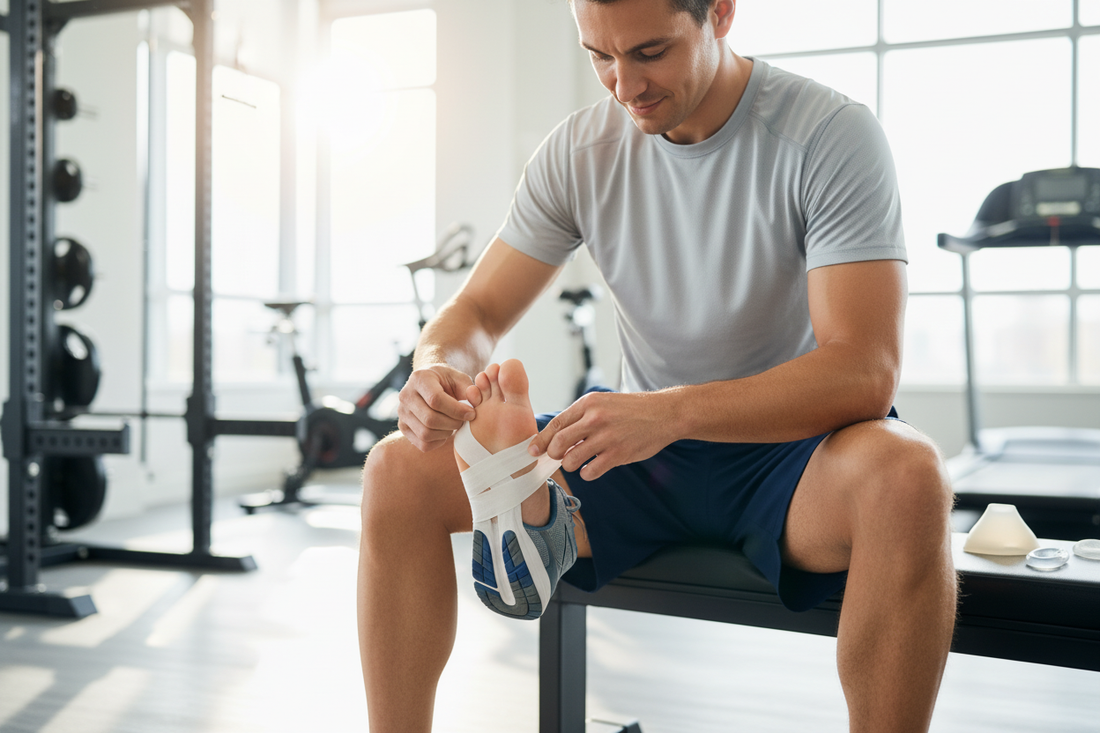 Athlete using supportive tape for bunion pain relief before workout in a modern gym setting