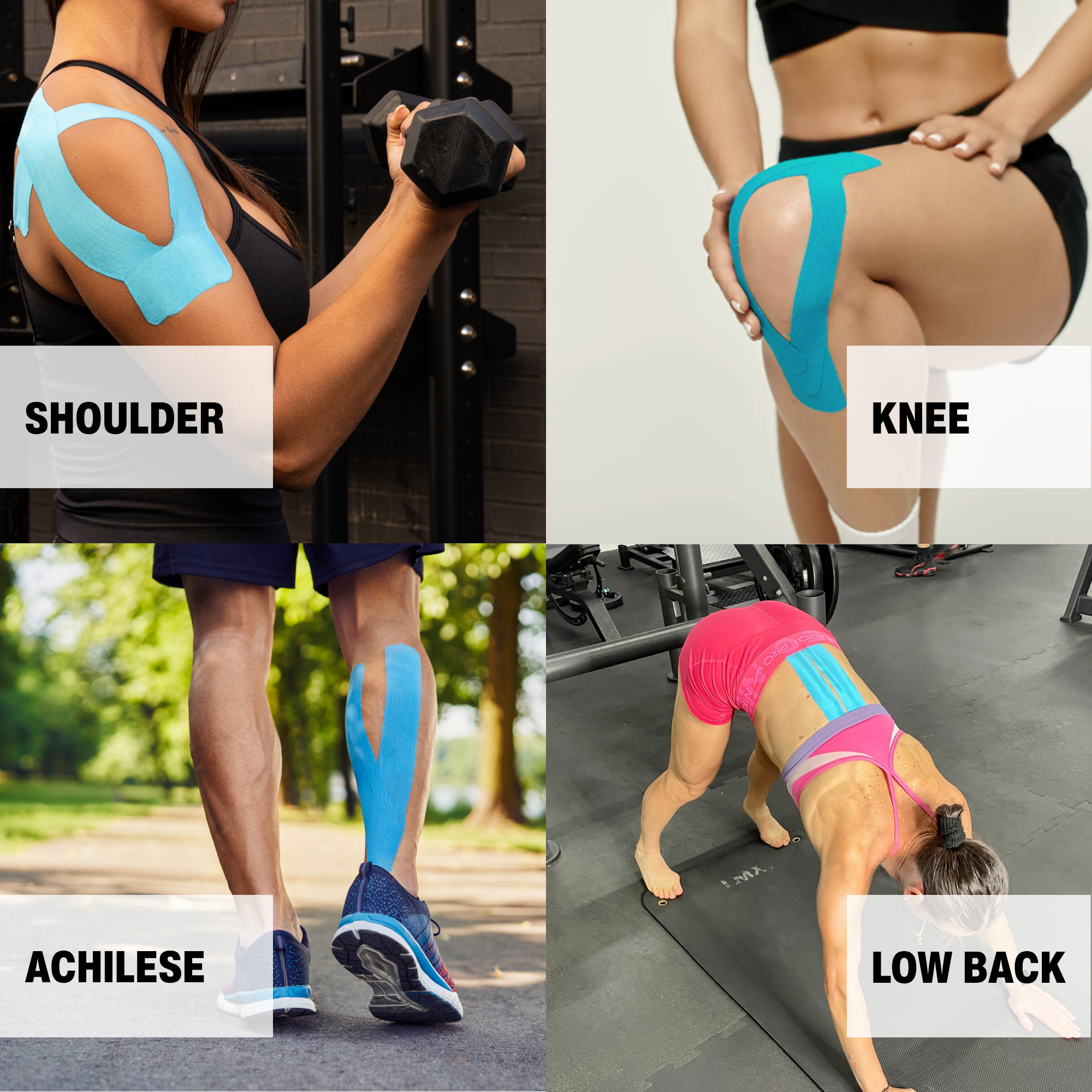 kinesiology tape for shoulder, knee, low back, and Achilles